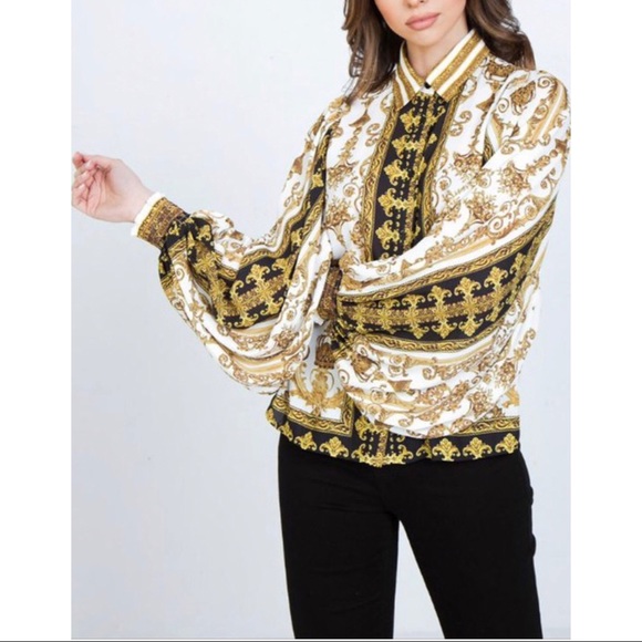 Flying Tomato collar Baroque Print gold blouse top - Picture 2 of 9